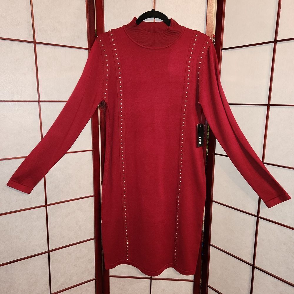 Lapis Burgundy Rhinestone Long Sleeve Dress